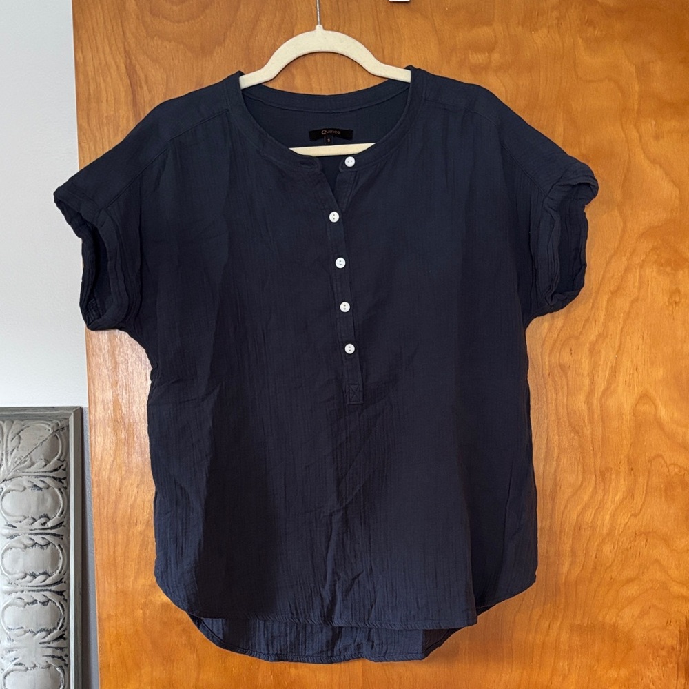 Quince Navy Button-Front Short Sleeve Henley